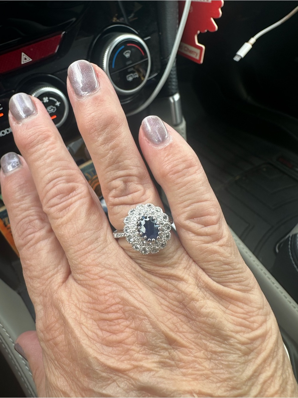 Silver Halo Ring with Deep Blue Center Stone